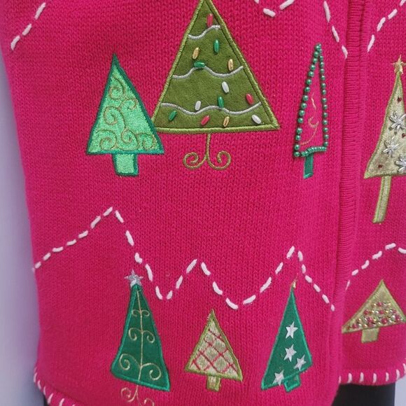 VTG Karen Scott Ugly Christmas Sweater Vest Red Xmas Trees Bling Full Zip Medium - Picture 4 of 10